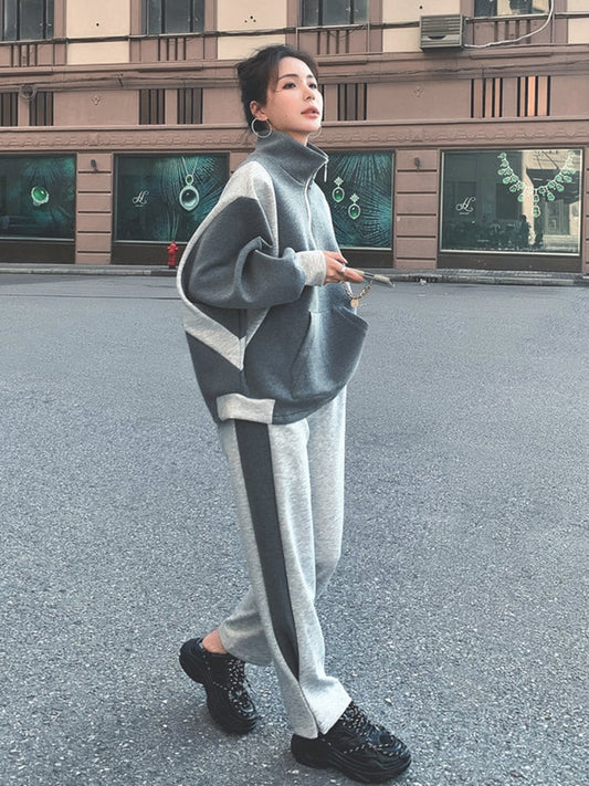 Contrast Color Zipper Sweatshirt With Loose Casual Pants 2 Pieces Set For Women Sprots Clothing Autumn New 2R4356 - LaTezza Online Shop