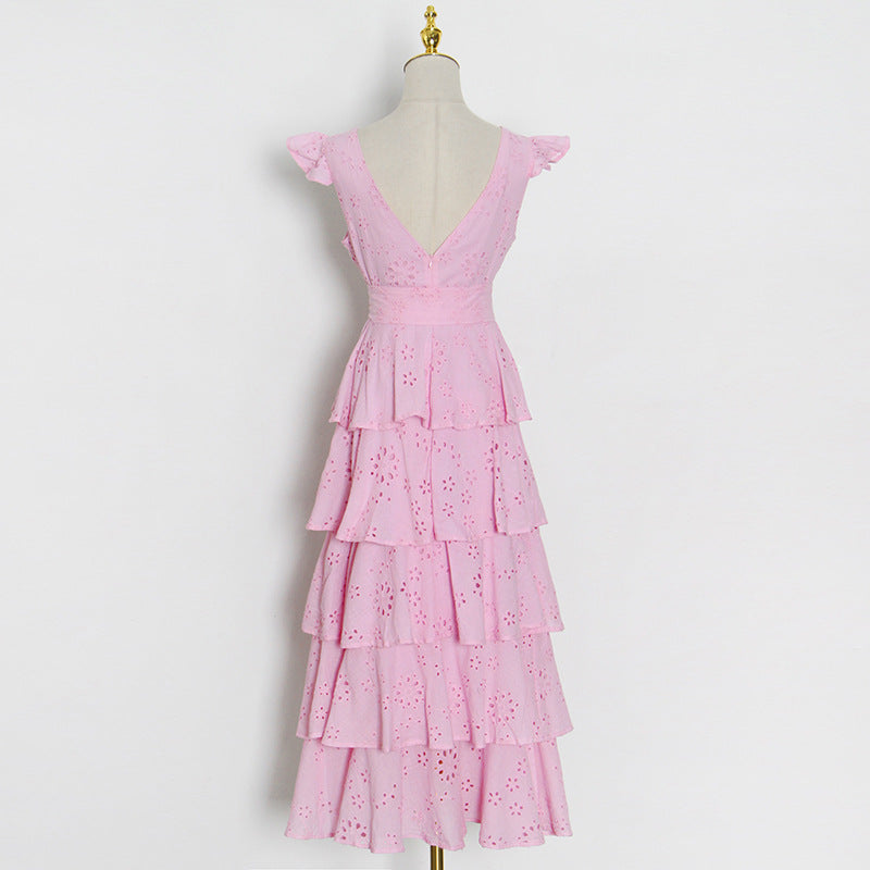 Simple Design Solid Color Cake Skirt Summer New Sexy V-Neck Hook Flower Hollow Stitching Dress - LaTezza Online Shop