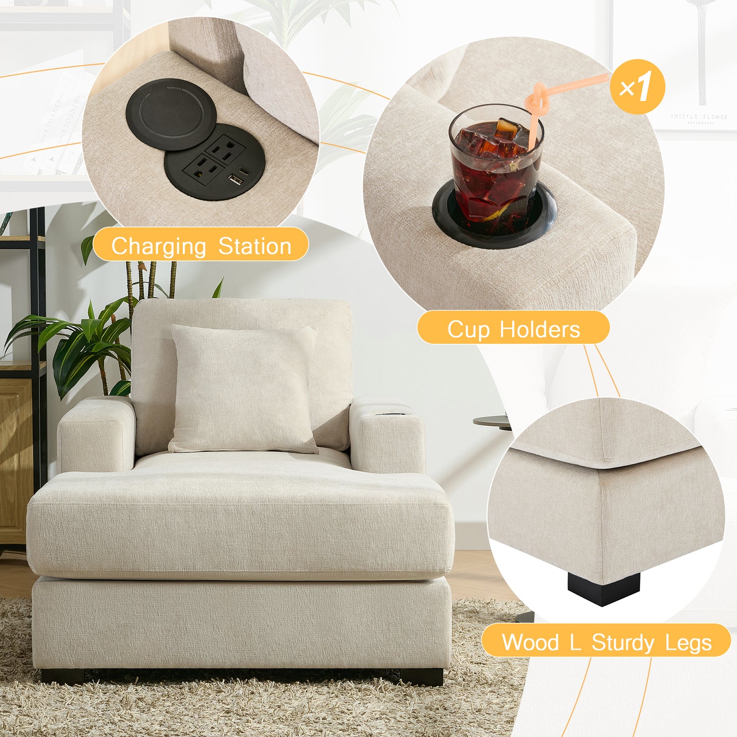 39.7" Oversized Chaise Lounger Modern Style Sofa Couch ,with Pillows, Charge Station & Cup Holders, Chenille Fabric, Cream - LaTezza Online Shop