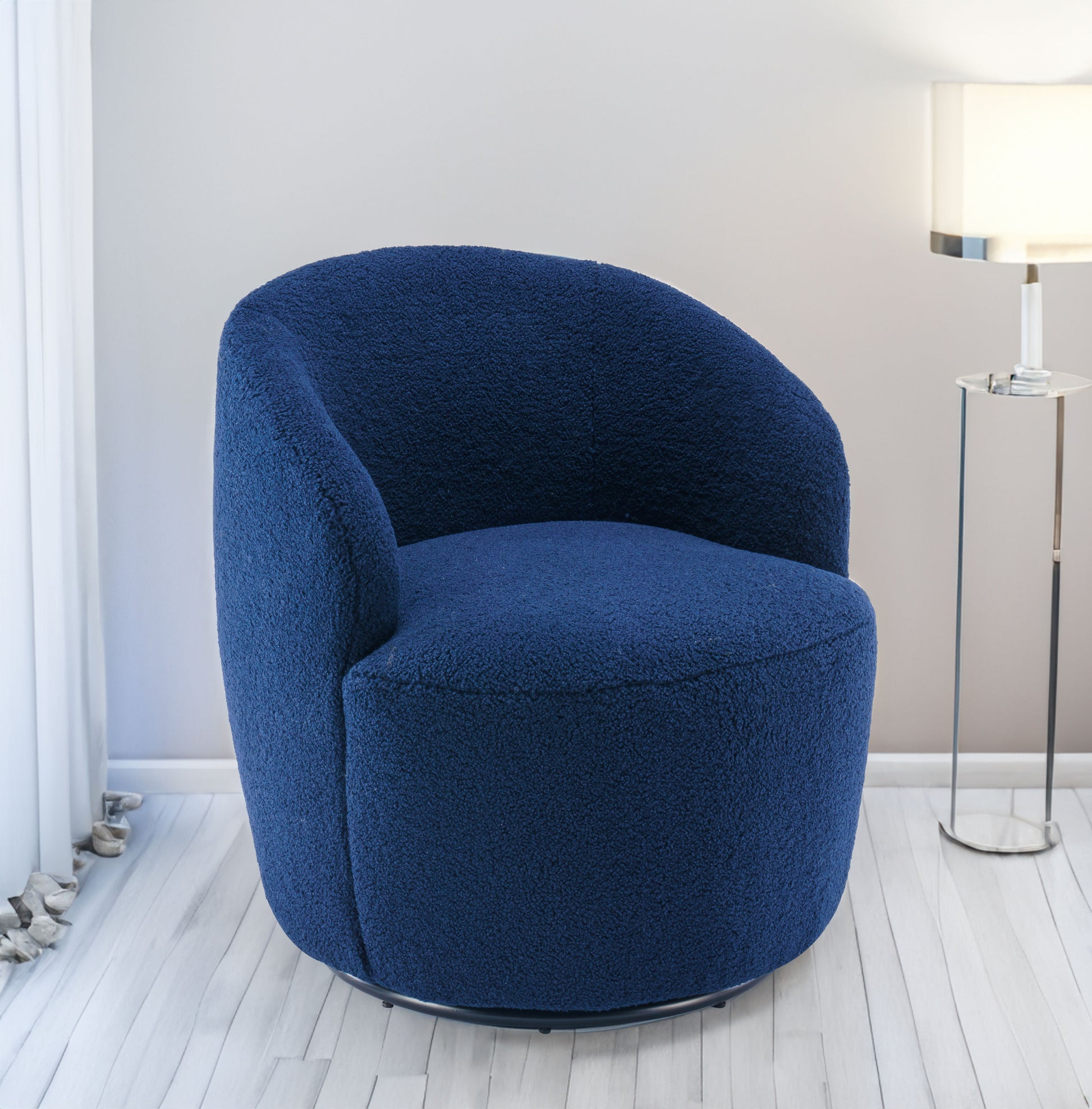Teddy Fabric Swivel Accent Armchair Barrel Chair With Black Powder Coating Metal Ring Dark Blue - LaTezza Online Shop