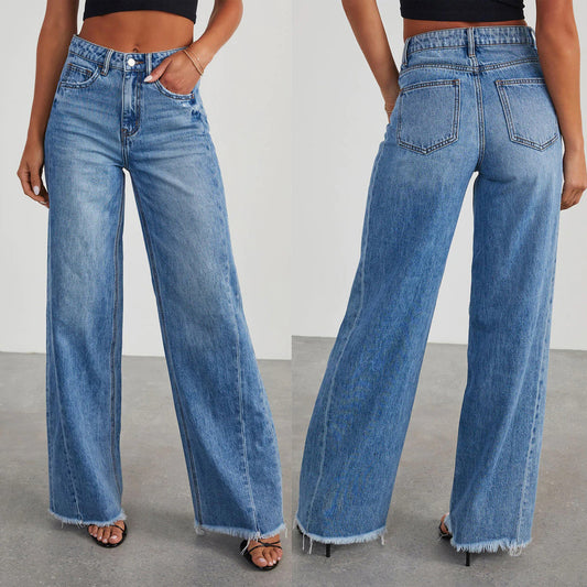 Loose wide leg side seam splicing, brushed hem denim jeans for women - LaTezza Online Shop