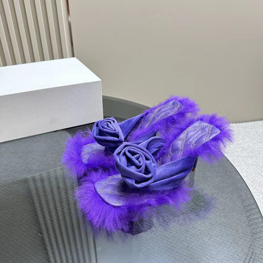 High Heels Slippers Rose Fur Luxury Novel Hairy Mules Slippers Summer Quality Plush Brand Party Slippers Woman - LaTezza Online Shop
