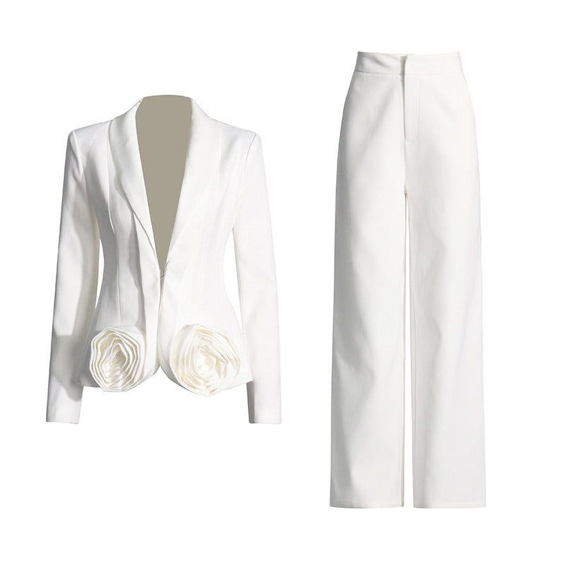 V-neck three-dimensional rose patchwork suit+solid color straight leg suit pants set for women - LaTezza Online Shop