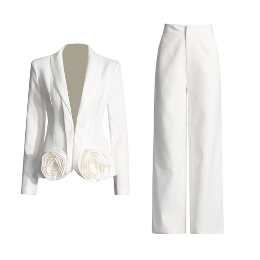V-neck three-dimensional rose patchwork suit+solid color straight leg suit pants set for women - LaTezza Online Shop