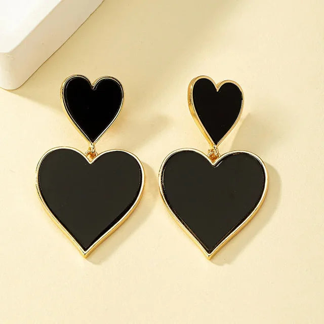 Black Resin Large Metal Heart Dangle Post Earrings For Women Heavy Statement Fashion Jewelry Love Party Accessories - LaTezza Online Shop