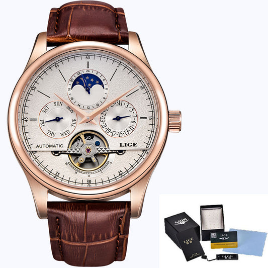 LIGE Brand Men's Watches Automatic Mechanical Tourbillon Leather Band