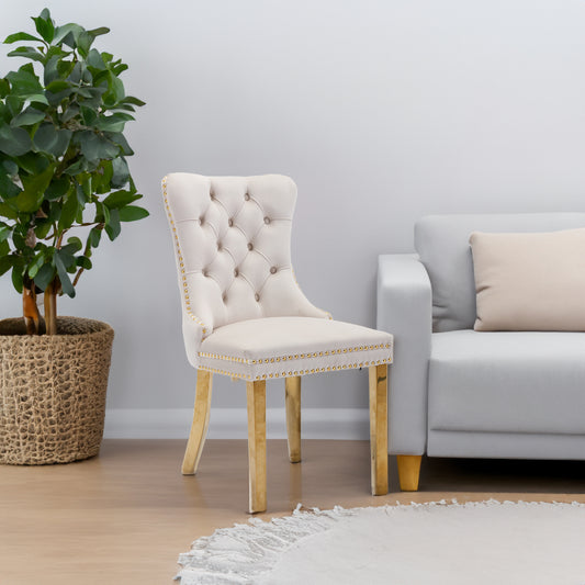Tufted solid wood velvet soft cushion dining chair gold stainless steel plated leg nail head set of 2 pieces beige and gold - LaTezza Online Shop