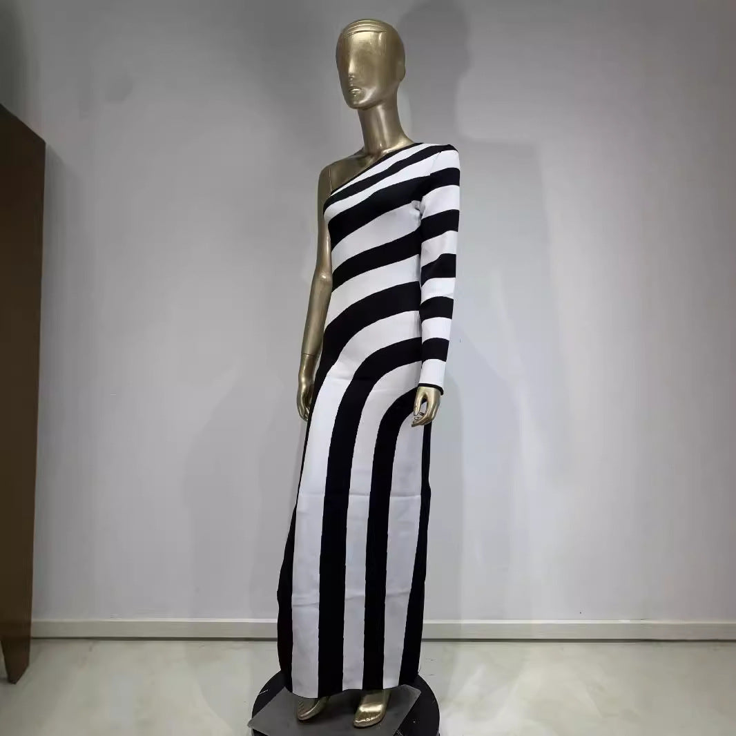 Zebra print single shoulder long sleeved open leg bandage dress banquet party dress - LaTezza Online Shop