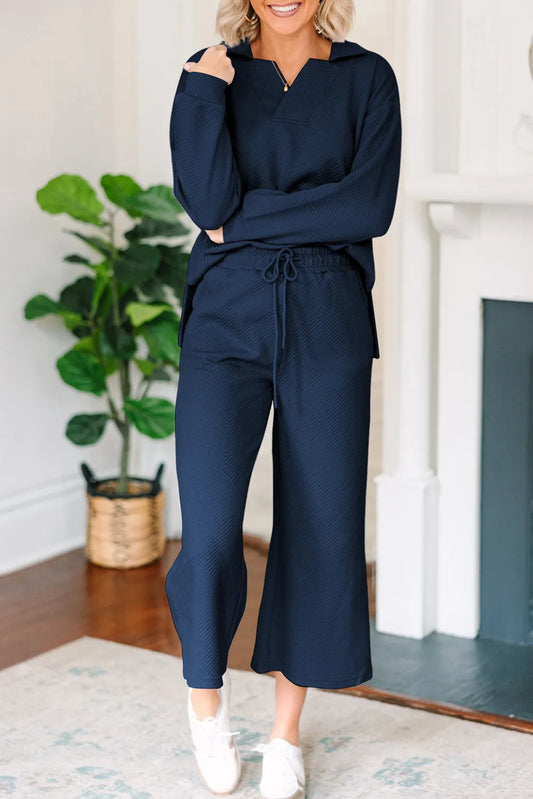 Textured Collared Neck Top and Wide Leg Pants Set - LaTezza Online Shop