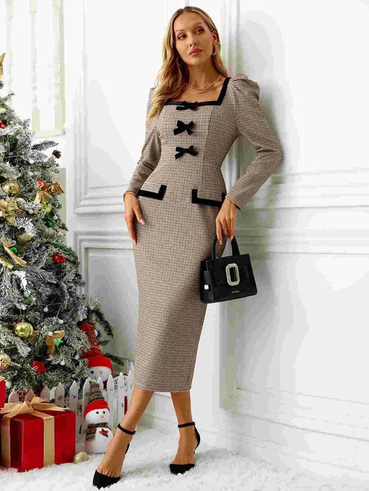 Bow Plaid Square Neck Puff Sleeve Dress - LaTezza Online Shop