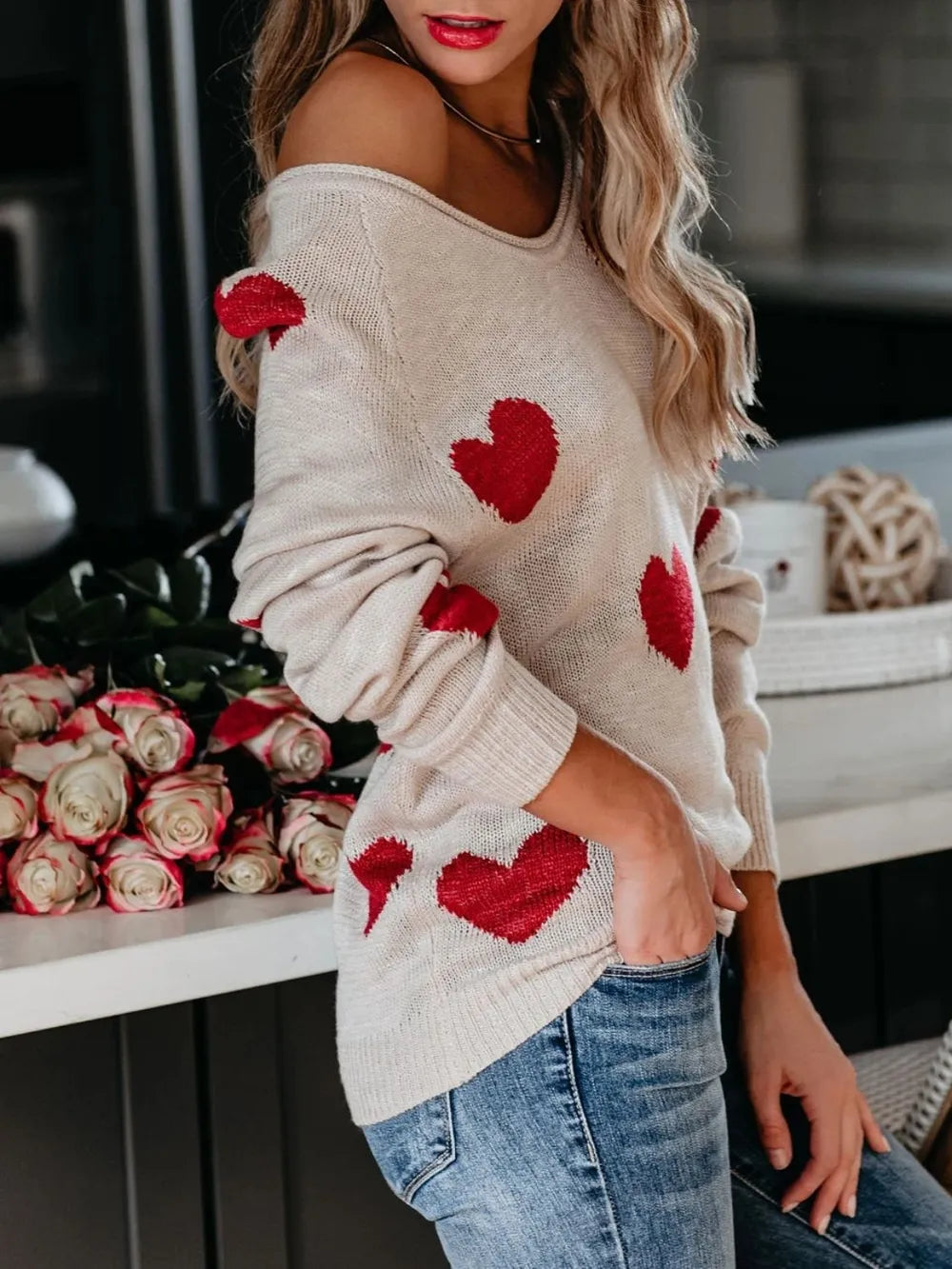 Heart Scoop Neck Long Sleeve Sweater - LaTezza Online Shop