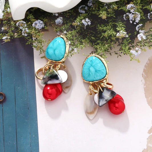 Retro ethnic style turquoise shell tassel earrings European and American imitation gemstone earrings - LaTezza Online Shop