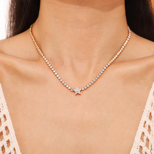 Zircon inlaid titanium steel tennis necklace star shaped pendant - LaTezza Online Shop
