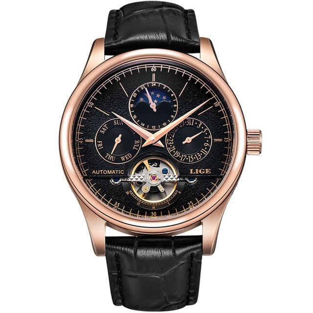 LIGE Brand Men's Watches Automatic Mechanical Tourbillon Leather Band