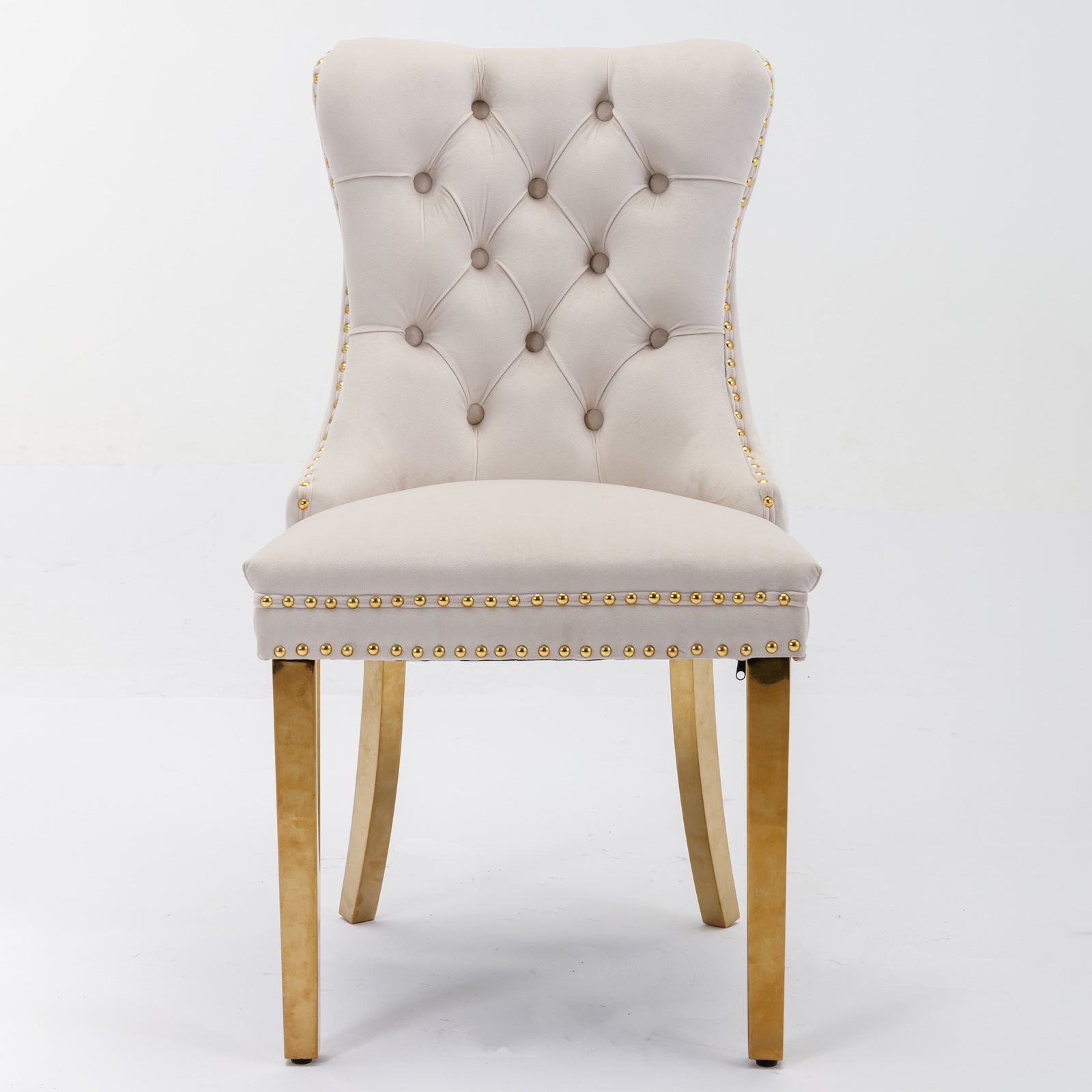 Tufted solid wood velvet soft cushion dining chair gold stainless steel plated leg nail head set of 2 pieces beige and gold - LaTezza Online Shop