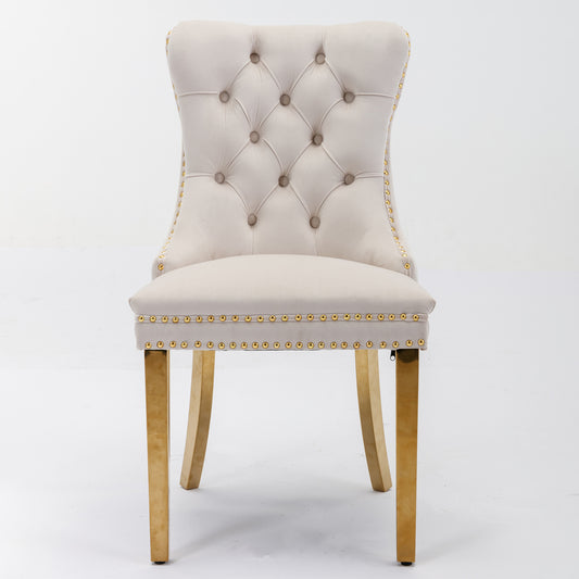 Tufted solid wood velvet soft cushion dining chair gold stainless steel plated leg nail head set of 2 pieces beige and gold - LaTezza Online Shop