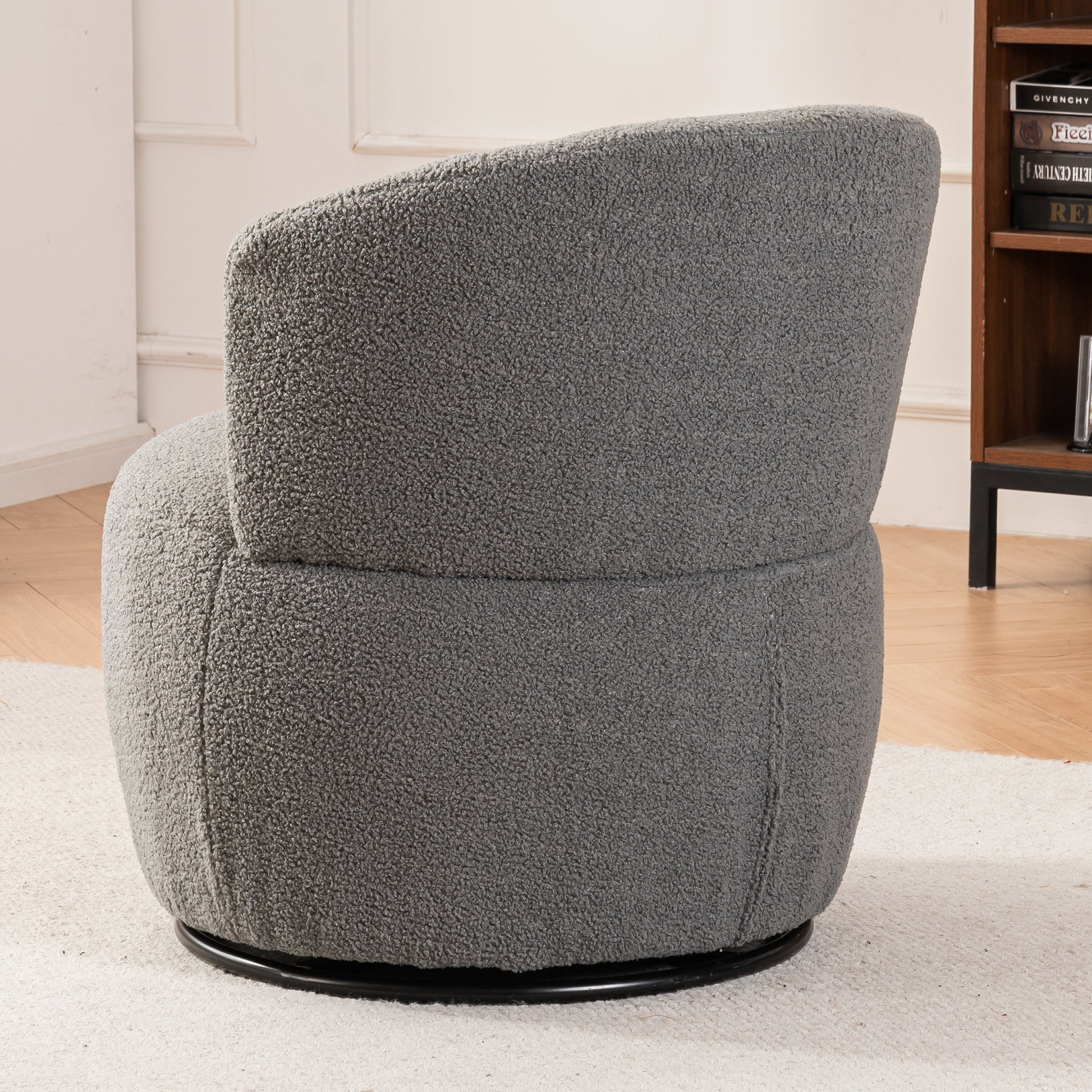 Grey Plush Swivel Accent Chair - Contemporary Round Armchair with 360° Rotation and Metal Base for Living Room Elegance - LaTezza Online Shop