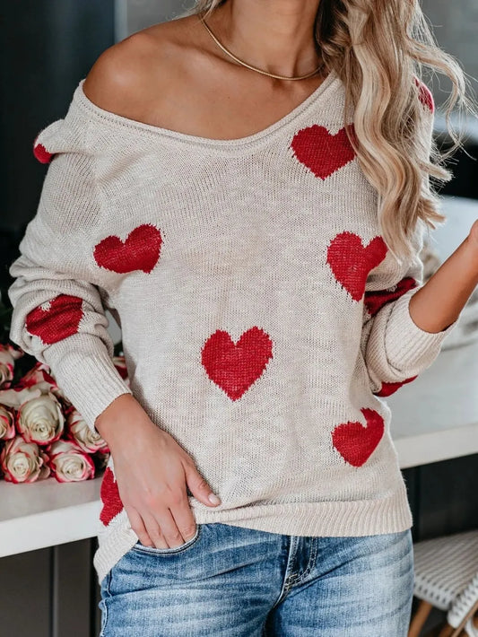 Heart Scoop Neck Long Sleeve Sweater - LaTezza Online Shop