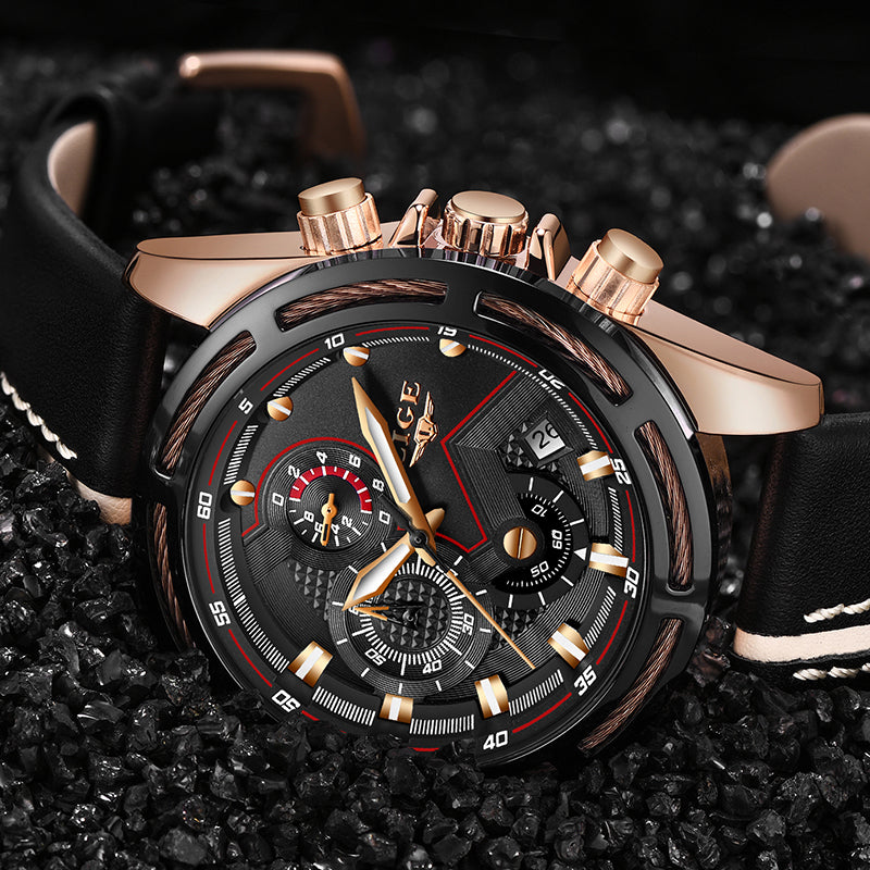 LIGE Watch Men Sport Quartz Clock Leather Mens Watches Top Brand Luxury Gold Waterproof - LaTezza Online Shop
