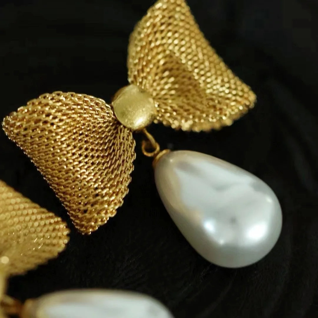 The famous designer's new copper Du true European and American French water drop pearl bow vintage earrings - LaTezza Online Shop