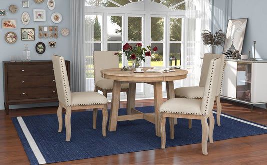 TREXM 5-Piece Farmhouse Dining Table Set Wood Round Extendable Dining Table and 4 Upholstered Dining Chairs (Natural Wood Wash) - LaTezza Online Shop