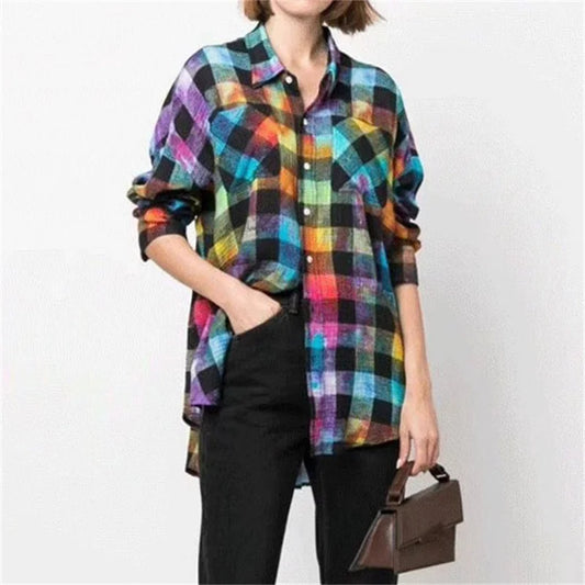 Fashion Woman Blouse  Autumn New Rainbow Plaid Women's Shirt Washed Old Pure Cotton Long Sleeved Top Loose And Thin Coat - LaTezza Online Shop
