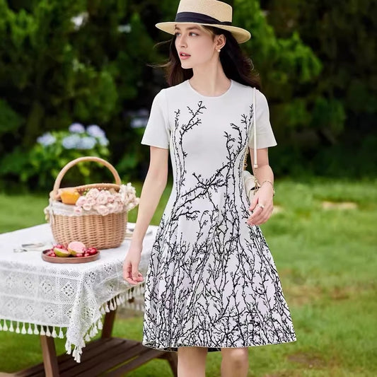 French style high-quality light mature temperament positioning Jacquard woven round neck short sleeved mini high elasticity knitted dress - LaTezza Online Shop