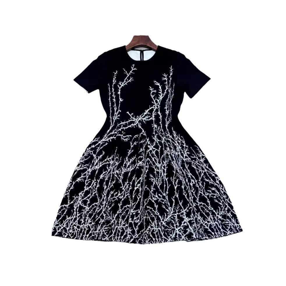 French style high-quality light mature temperament positioning Jacquard woven round neck short sleeved mini high elasticity knitted dress - LaTezza Online Shop