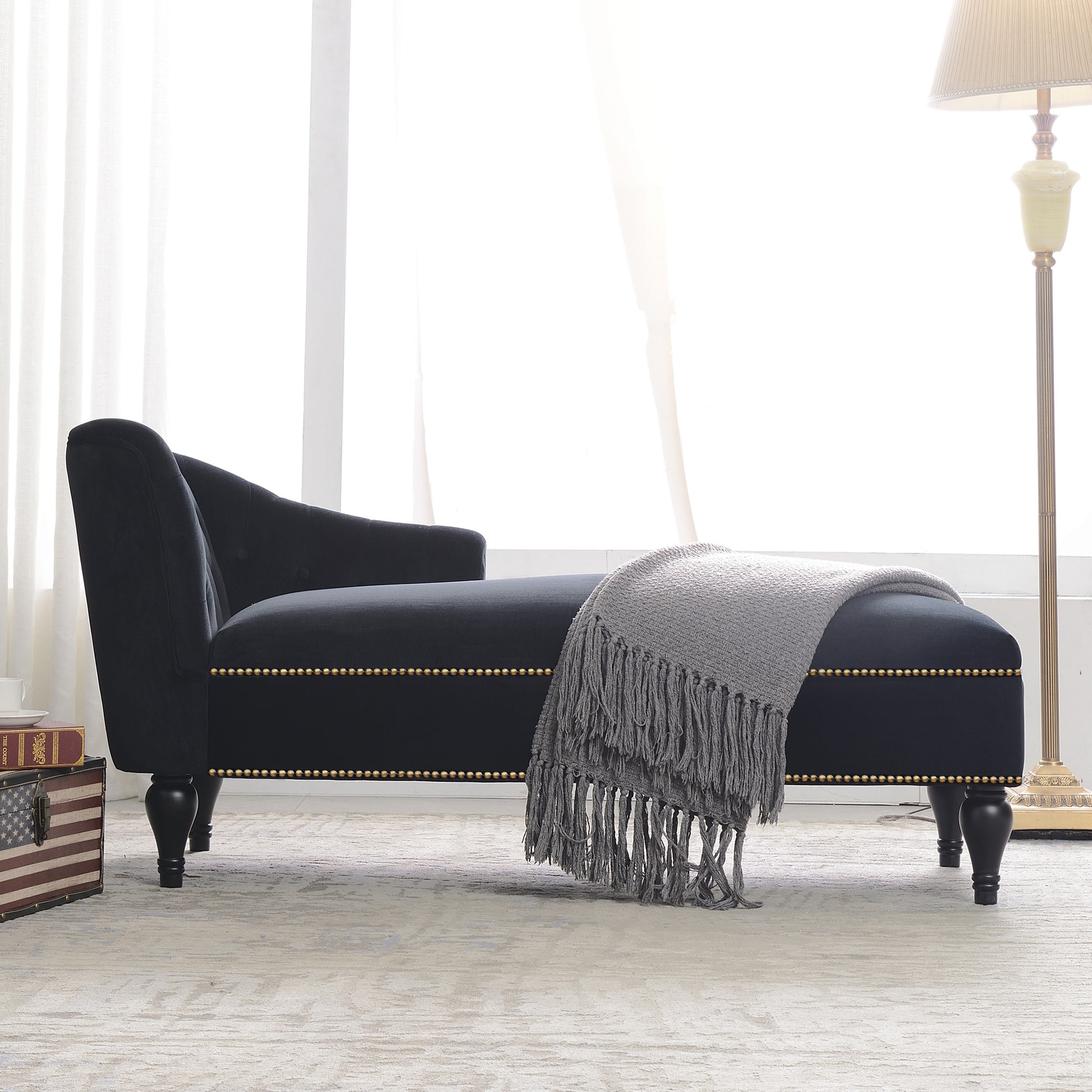 58 inch velvet lounge chair, button cluster right arm lounge chair with nail head decoration and solid wood legs - LaTezza Online Shop