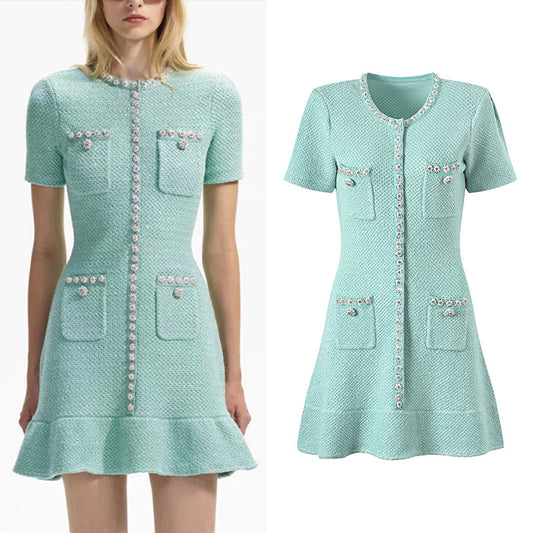 Diamond sequin single breasted ruffle edge cinched waist knitted dress for women - LaTezza Online Shop