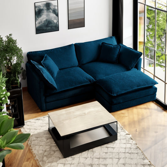 Chenille double sofa with 1 foot pedal, 2 seats L-shaped section, Ottoman style blue Chenille - LaTezza Online Shop