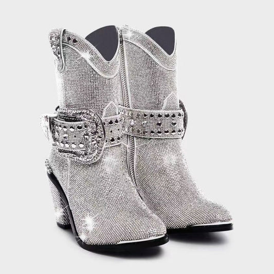 Western denim hot drill mid tube round head belt buckle thick heel fashion boots - LaTezza Online Shop