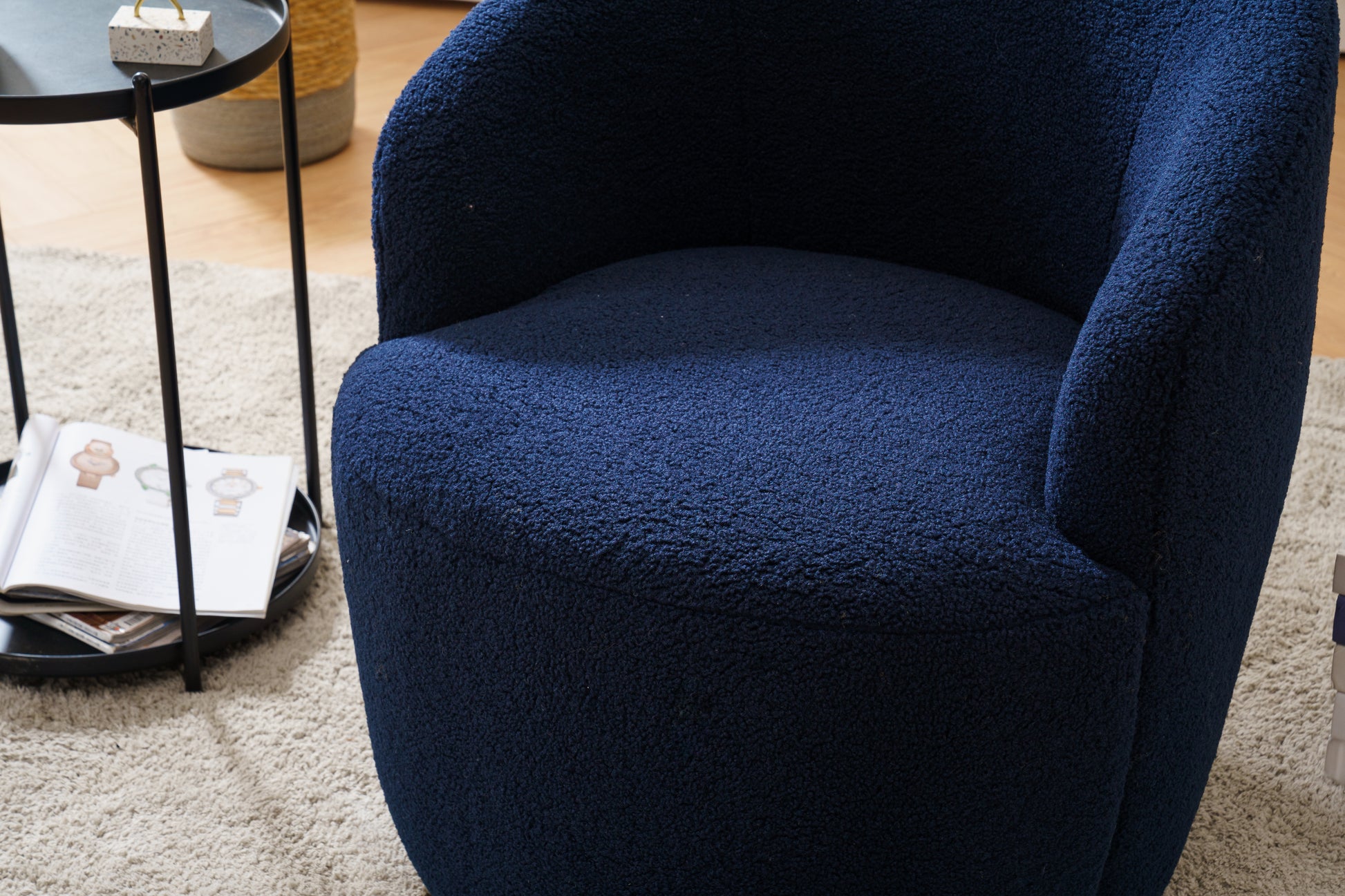 Teddy Fabric Swivel Accent Armchair Barrel Chair With Black Powder Coating Metal Ring Dark Blue - LaTezza Online Shop