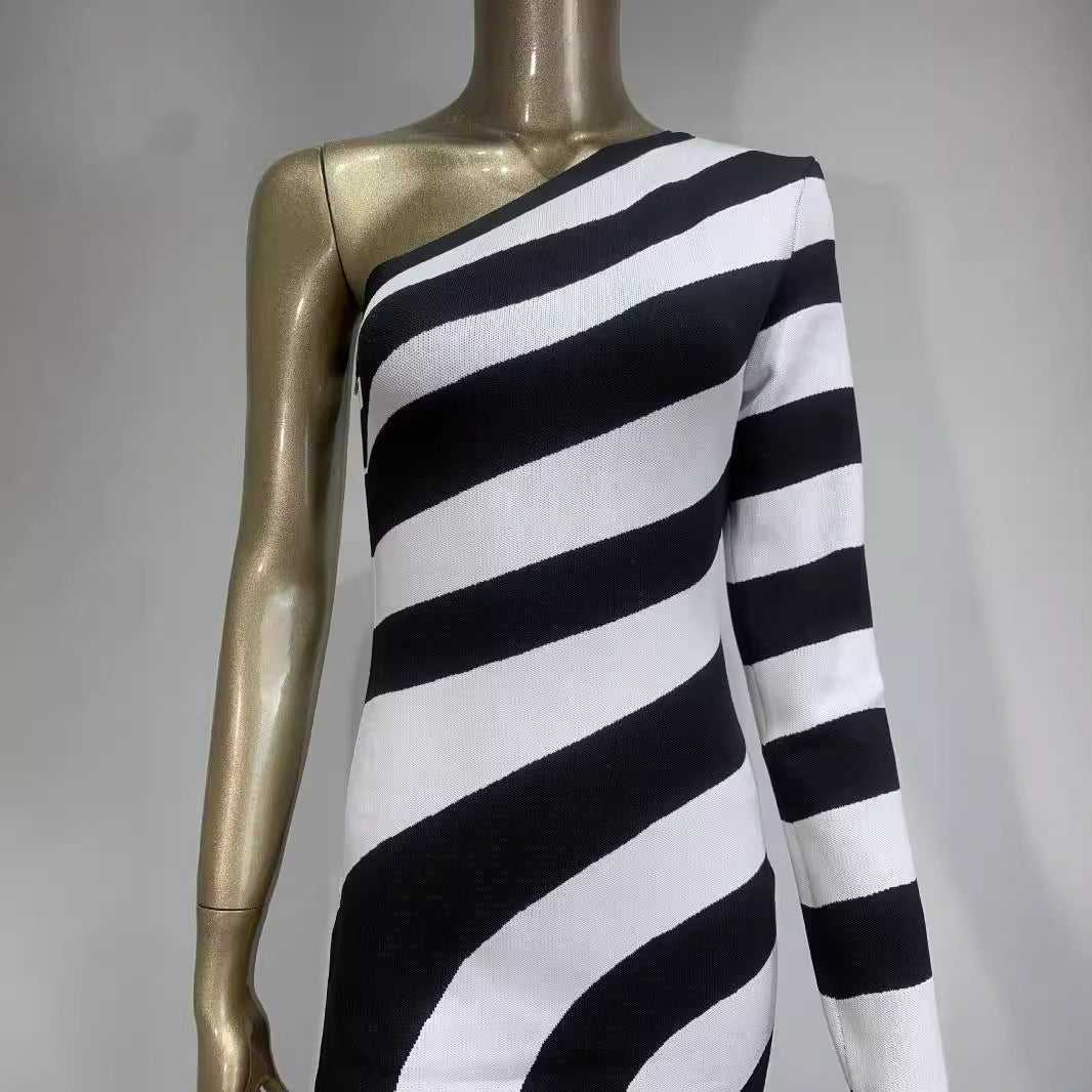 Zebra print single shoulder long sleeved open leg bandage dress banquet party dress - LaTezza Online Shop