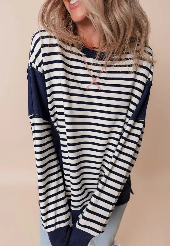 Exposed Seam Striped Long Sleeve Sweatshirt - LaTezza Online Shop