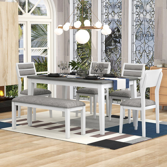 TREXM Classic and Traditional Style 6 - Piece Dining Set, Includes Dining Table  4 Upholstered Chairs & Bench (White+Gray) - LaTezza Online Shop