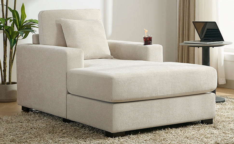 39.7" Oversized Chaise Lounger Modern Style Sofa Couch ,with Pillows, Charge Station & Cup Holders, Chenille Fabric, Cream - LaTezza Online Shop