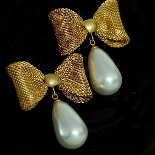 The famous designer's new copper Du true European and American French water drop pearl bow vintage earrings - LaTezza Online Shop