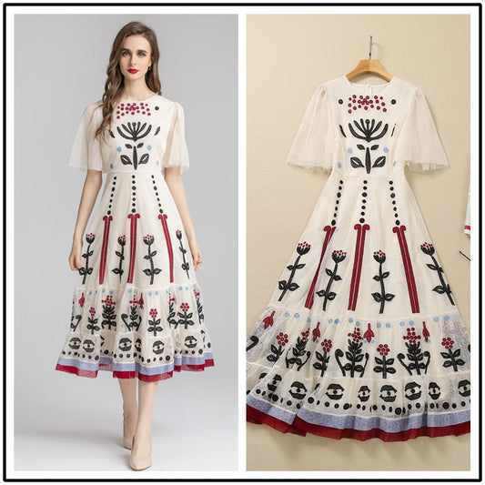 Women's Round Neck Retro Mesh Stitching Embroidery Embroidered Dress Short Sleeve Temperament Slim Midi Skirt - LaTezza Online Shop