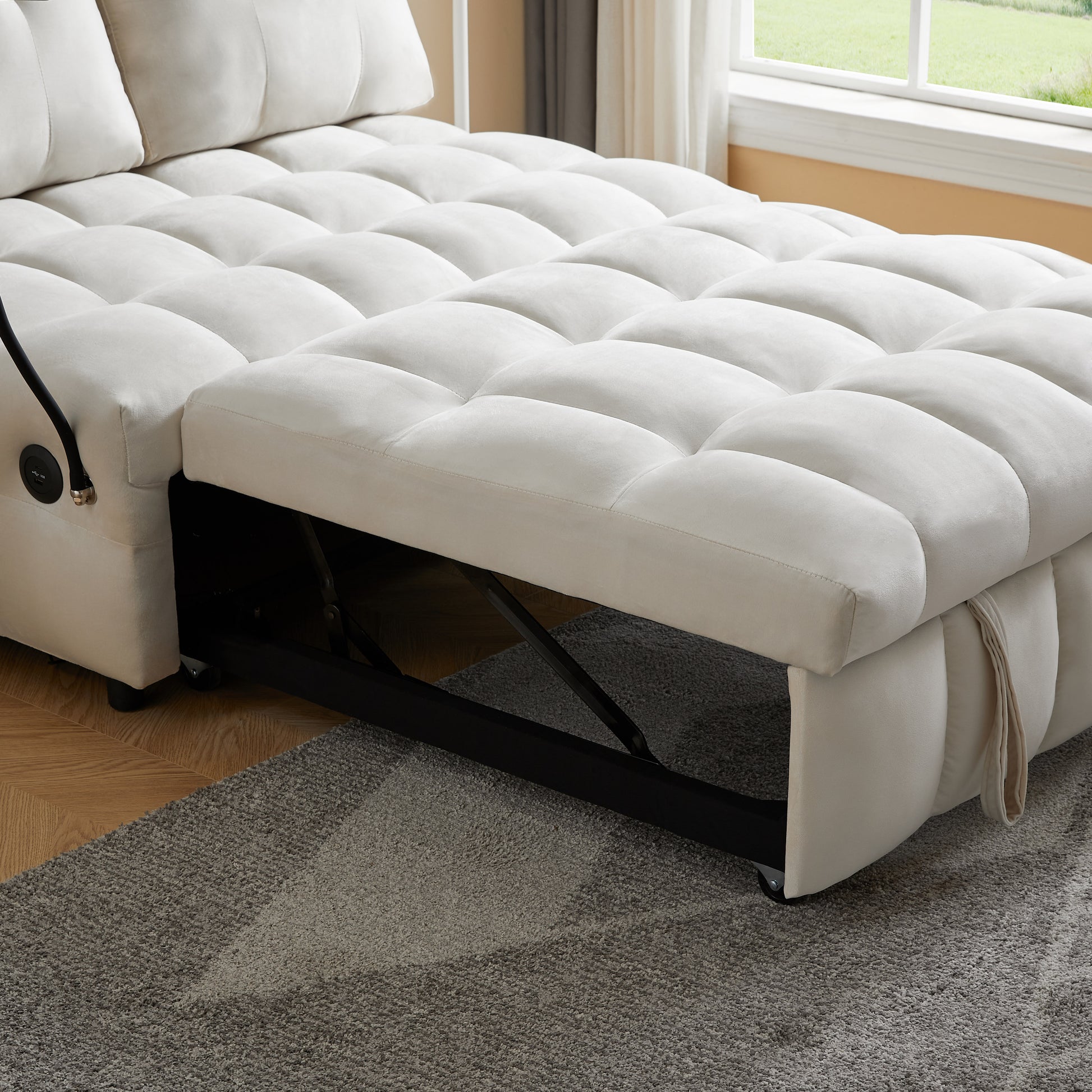 Modern sofa velvet pull-out bed,Independently removable backrest, have USB port and swivel phone stand ,beige - LaTezza Online Shop