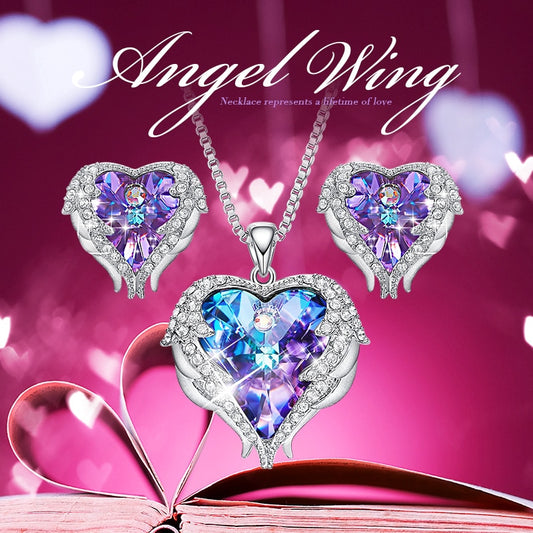 Cdyle Crystals from Swarovski Angel Wings Necklaces Earrings Purple Blue Crystal Heart Pendant Jewelry Set For Women Love Gifts - LaTezza Online Shop