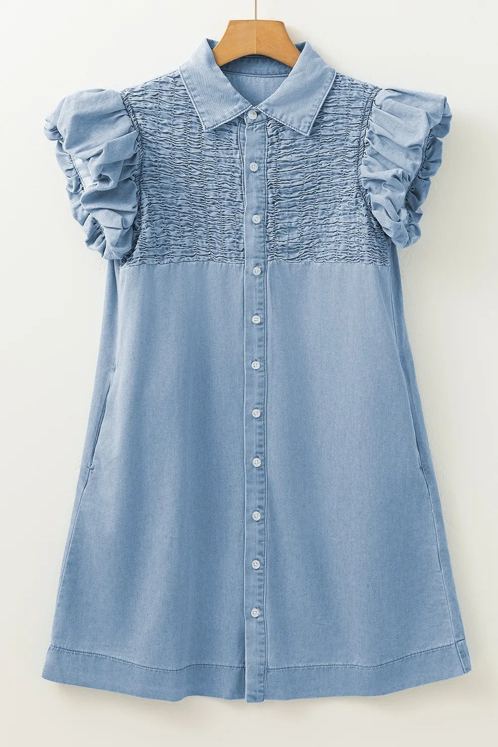 Smocked Collared Neck Cap Sleeve Denim Dress - LaTezza Online Shop