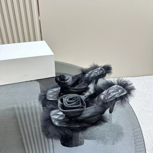 High Heels Slippers Rose Fur Luxury Novel Hairy Mules Slippers Summer Quality Plush Brand Party Slippers Woman - LaTezza Online Shop