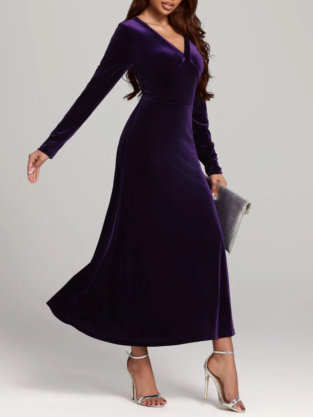 V-Neck Long Sleeve Velvet Dress - LaTezza Online Shop