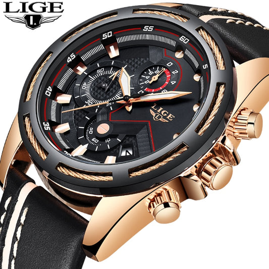 LIGE Watch Men Sport Quartz Clock Leather Mens Watches Top Brand Luxury Gold Waterproof - LaTezza Online Shop