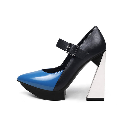 Pumps Platform Women Shallow Shoes Pointed Toe Blue Mixed Black Leather High Heels Chic Mary Jeans Strap Party Stilettos - LaTezza Online Shop