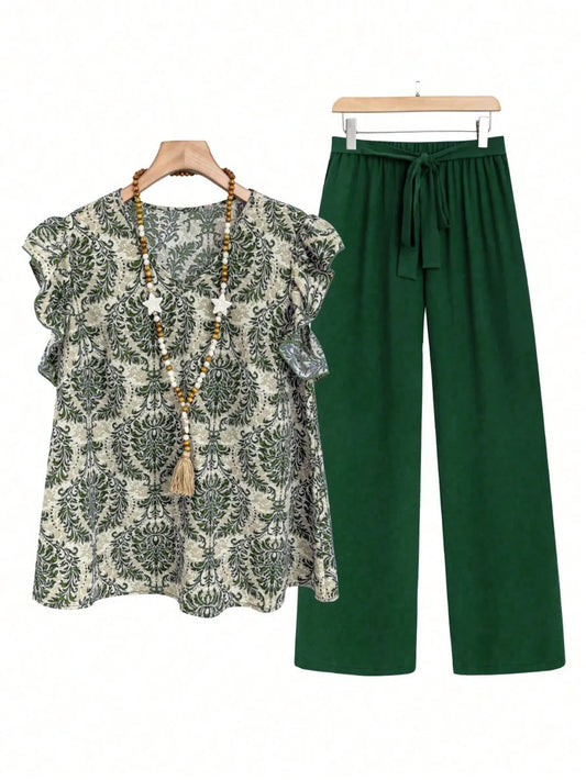 Printed Ruffled Cap Sleeve Top and Pants Set - LaTezza Online Shop