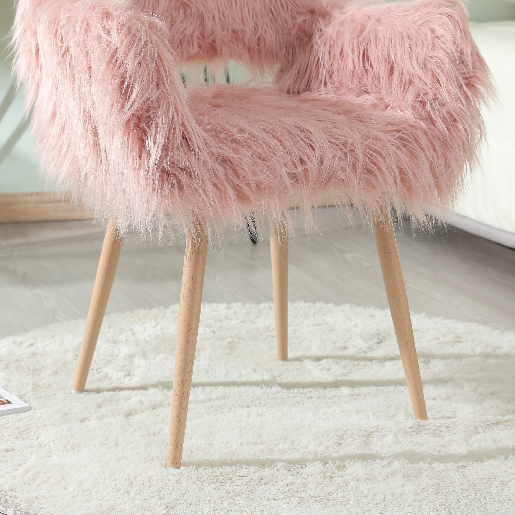 PINK Faux Fur Upholstered Make up chair Side Dining Chair with Metal Leg(PINK+Beech Metal Leg) - LaTezza Online Shop
