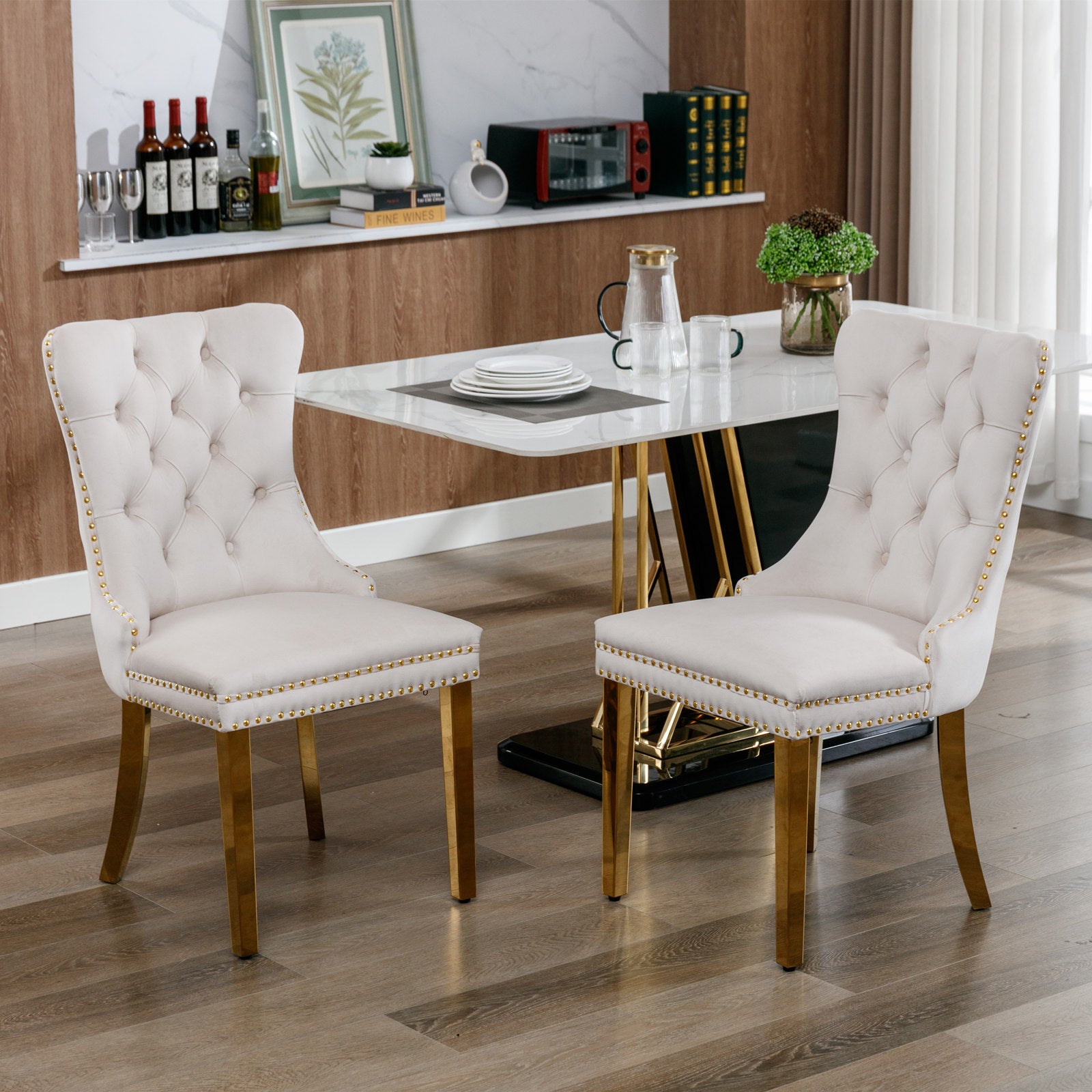 Tufted solid wood velvet soft cushion dining chair gold stainless steel plated leg nail head set of 2 pieces beige and gold - LaTezza Online Shop