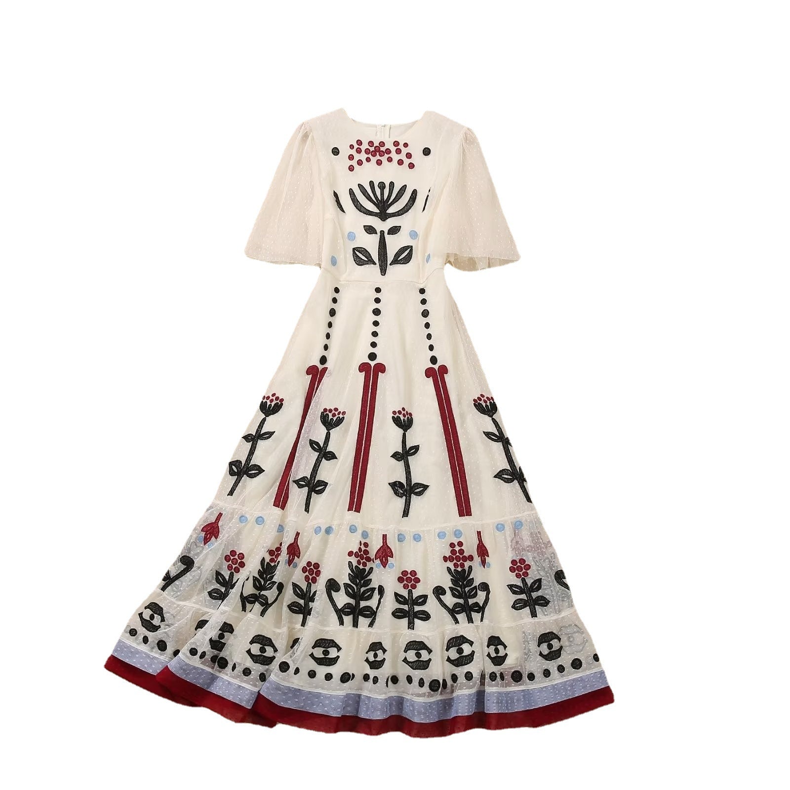 Women's Round Neck Retro Mesh Stitching Embroidery Embroidered Dress Short Sleeve Temperament Slim Midi Skirt - LaTezza Online Shop